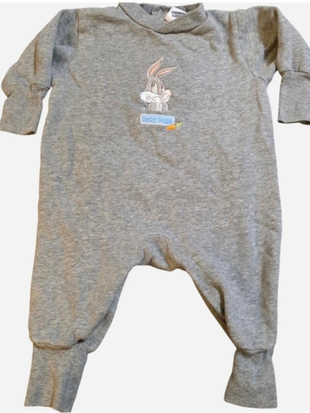 Vintage 2000 Warner Bros Baby Bugs Bunny Fleece Romper Onesie Gray 6-9M Looney